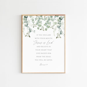 Jesus is Lord Romans 10:9 Bible Verse Wall Art  Printable Watercolor Greenery Botanical Scripture 18X24