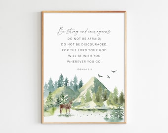 Jozua 1:9 Wees sterk en moedig Bijbel vers Afdrukbare kunst aan de muur Christelijk Decor Aquarel Groen Bergen Poster