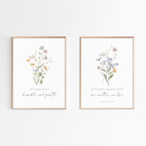 Ephesians 4:2, Bible Verse Wall Art, Christian Wall Decor, Wildflower Print, Downloadable Print, Set of 2 Prints