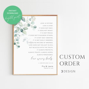 1 Korinther 13: 4-8, Hochzeitsgeschenk, Paarnamen Zeichen, Geburtstagsgeschenk, personalisiertes Hochzeitsschild, maximale Größe 20X30