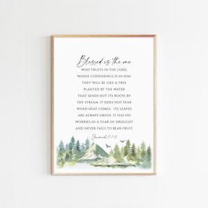 Jérémie 17: 7-8, Béni soit celui qui a confiance, art mural imprimable verset de la Bible, écriture paysage, cadre inspirant, taille maximale 24 x 36