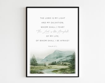 May include: Framed art print featuring a watercolor landscape with mountains, trees, and a river. The print includes the text "THE LORD IS MY LIGHT" and a quote from Psalm 27:1. The artwork is in a black frame.