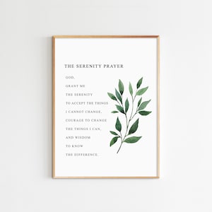 La Oración de la Serenidad, Escritura Imprimible, Arte de Cita Cristiana, Arte botánico de la pared, Acuarela Verde Impresión