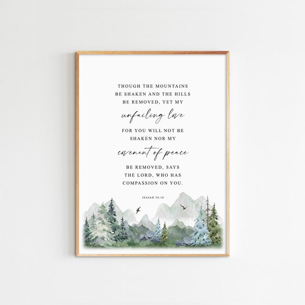 Isaiah 54:10 My Unfailing Love For You Will Not Be Shaken, Bible Verse Wall Art, Watercolor Mountains, Christian Art Print