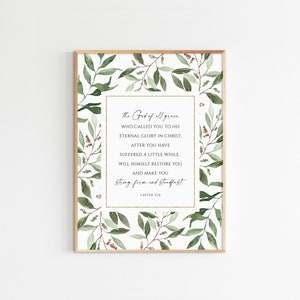 1 Peter 5:10, Bible Verse Wall Art, Christian Home Decor, Christian Gift, Watercolor Greenery, Maximum Size 16x20
