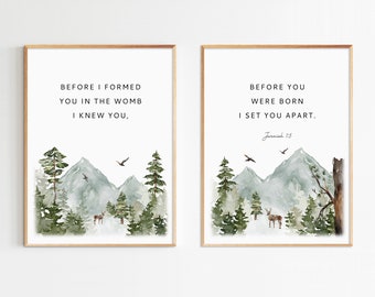 May include: Two framed prints with watercolor illustrations of a mountain range with trees and a deer. The text on the prints reads "Before I formed you in the womb I knew you" and "Before you were born I set you apart. Jeremiah 1:5"