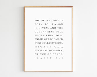 Jesaja 9:6, voor ons is een kind geboren, kerst afdrukbare kerstbijbelvers muurkunst kerstdecor kerstcitaat