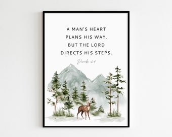 Proverbs 16:9, Bible Verse Wall Art, Christian Home Decor, Printable Watercolor, Scripture Poster, 18X24