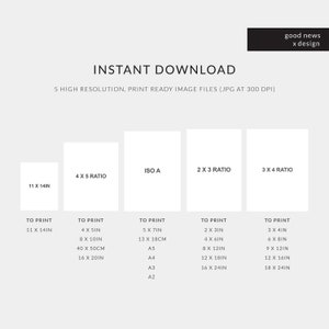 May include: A graphic showing five different print sizes for digital downloads. The sizes are 11 x 14 inches, 4 x 5 ratio, ISO A, 2 x 3 ratio, and 3 x 4 ratio. The graphic includes the dimensions in inches and centimeters for each size.