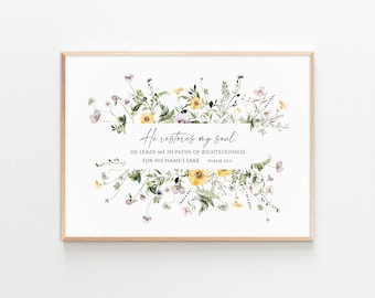 Salmo 23:3 - Impresión de flores silvestres, versículo bíblico para pared (descarga digital)