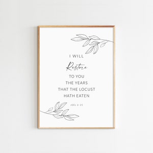 Joel 2:25 Bible Verse Wall Art, Printable Scripture, Minimalist Print, Botanical Print, Baptism Gift