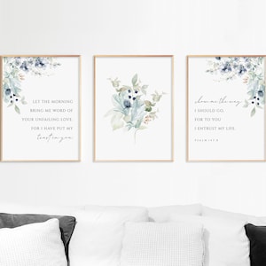 Psalm 143:8 Let The Morning Bring Me Word Of Your Unfailing Love Bible Verse Wall Art Blue Floral Print Christian Home Decor Set of 3 Prints