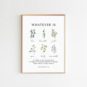 Lo que sea verdadero Filipenses 4:8 Versículo de la Biblia Arte de pared Escritura imprimible Acuarela Verdor Impresión minimalista