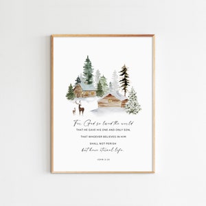 Juan 3:16 Porque tanto amó Dios al mundo, Arte de pared imprimible con versículo bíblico de Navidad, Impresiones de invierno, Decoración de casas de vacaciones