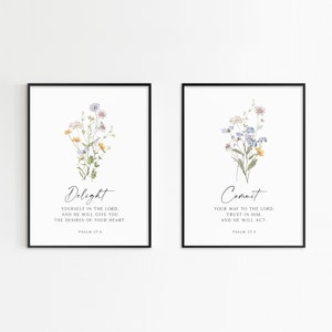 Delight yourself in the Lord, Psalm 37:4-5, Bible Verse Wall Art, Christian Wall Decor, Wildflower Print, Set of 2 Prints