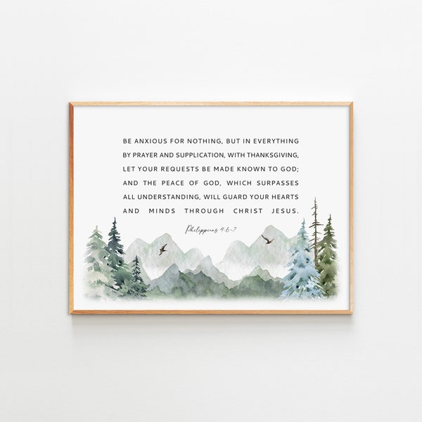 Philippians 4:6-7 Printable Watercolor Mountains Scripture Bible Verse Wall Art Christian Wall Decor Landscape Print