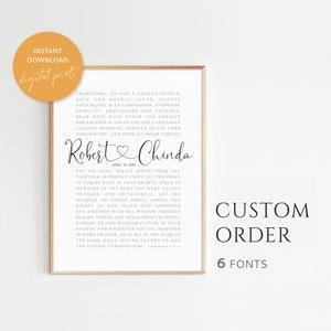 Colosenses 3:12-17, Regalo de boda, Letrero personalizado con nombres de parejas, Impresión personalizada, Regalo de aniversario, Tamaño máximo 24 x 36