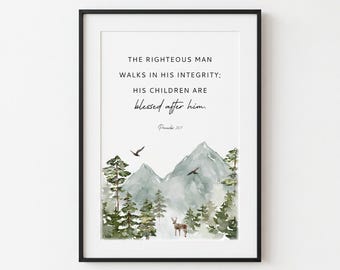 Versículo bíblico Proverbios 20:7 para imprimir, regalo para el Día del Padre (descarga digital)