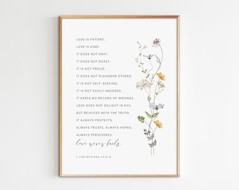 1 Korinther 13: 4-8, Liebe ist geduldig, Liebe ist gütige Liebe scheitert nie, Bibel-Verskunst, druckbare Schrift, Hochzeitsgeschenk, maximale Größe 24x36