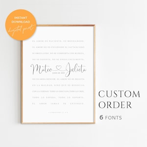 Peut inclure: Impression encadrée avec un cadre en bois clair. L'impression présente un texte espagnol sur l'amour, avec les noms "Mateo & Julieta" et la date "Junio 20, 2025". Les mots "Custom Order" et "6 Fonts" sont également visibles.