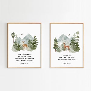Psalm 139:13-14, I Am Fearfully And Wonderfully Made, Christian Baby Room Art, Nursery Home Decor, Woodland Print, Set of 2 Prints