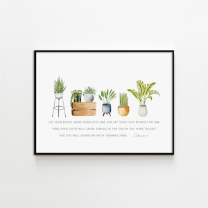 Colossians 2:7 Bible Verse Wall Art Christian Home Decor Leaf Print Houseplant Painting Horizontal Print