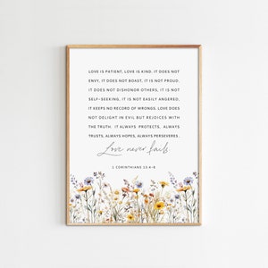 1 Korintiërs 13:4-8, bijbelversprint, wilde bloemenprint, huwelijkscadeau, christelijk interieur, maximale grootte: 18 x 24