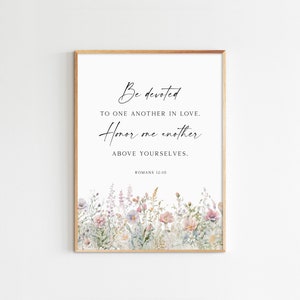 Romans 12:10, Bible Verse Wall Art, Scripture Art Print, Watercolor Wildflower Print, Christian Art Print