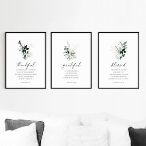 Thankful Grateful Blessed, Bible Verse Wall Art Watercolor Greenery Botanical Wall Art Set of 3 Print