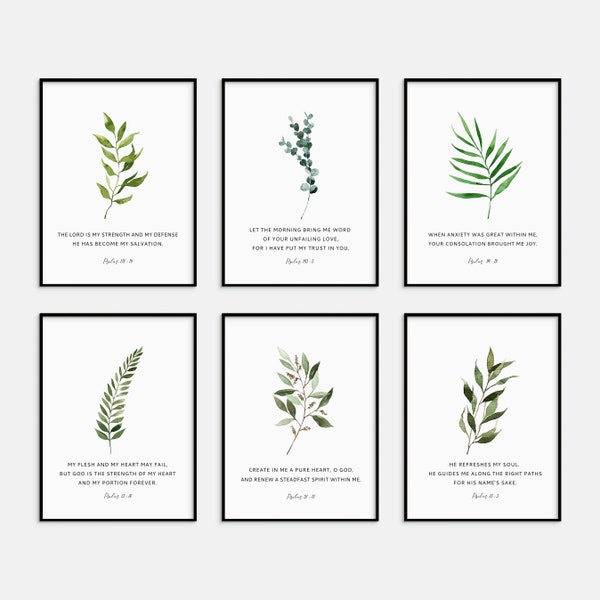 Set of 6 Psalms Bible Verse Wall Art Printable Scripture Prints Christian Home Decor Living Room Art Watercolor Greenery