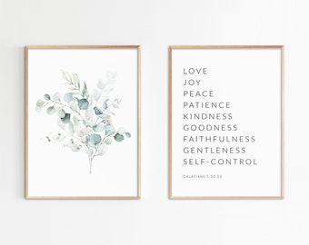 Fruit of the Spirit, Bible Verse Printable Wall Art, Set of 2 Scripture, Watercolor Digital Print, Maximum Size 16x20