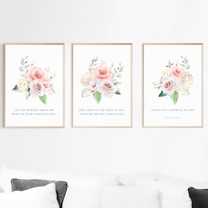 Psalm 143 : 8 Set of 3 Prints Bible Verse Wall Art Printable Scripture Christian Home Decor Watercolor Floral