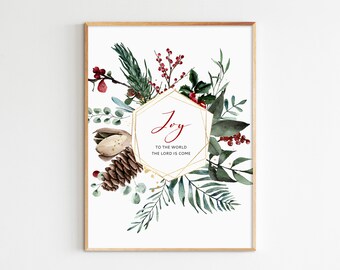 Vreugde aan de wereld De Heer is gekomen, kerstversiering vakantie wall art kerstkrans afdrukbare kunst aan de muur kerstkaarten downloaden