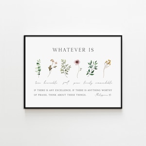 Whatever Is True Philippians 4:8 Bible Verse Wall Art Printable Scripture Horizontal Wall Art Watercolor Scripture