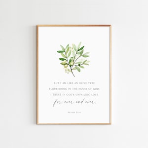 Psalm 52:8, Bible Verse Wall Art, Printable Watercolor Scripture, Olives Painting, Olive Green Branch Print, 16x20