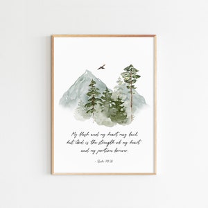 Psalm 73:26, God is the Strength of my Heart, Printable Scripture, Watercolor Mountains, Bible Verse Wall Art, Maximum Size 16x20