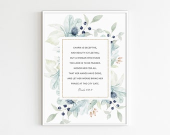 Proverbs 31:30-31 Mother's Day Gift, Printable Watercolor, Scripture Wall Art, Bible Quote Poster, 16x20