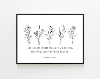 Proverbs 31:25 Mother's Day Bible Verse  Printable Wall Art Christian Mother Gift  Line Art Print