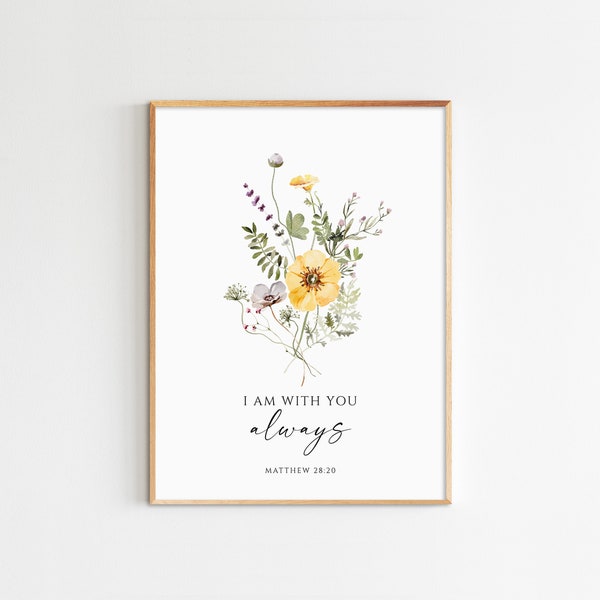 Matthäus 28:20 Blumen Aquarell Druck, Bibel Vers Wandkunst (Digitaler Download)