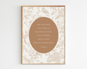 2 Timoteo 1:7, Versetto biblico da appendere al muro, Stampa cristiana vintage, Dimensioni massime 16x20