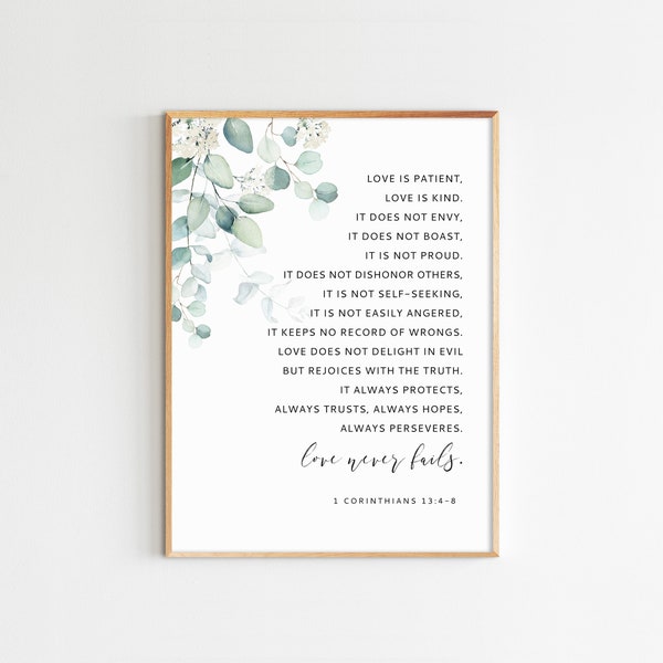 1 Corinthians 13:4-8, Love Is Patient Love Is Kind Love Never Fails, Bible Verse Art, Printable Scripture, Wedding Gift, Maximum Size 20x30