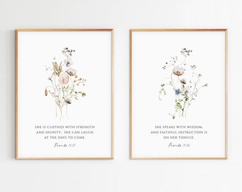 Provérbios 31:25-26 Conjunto de versículos bíblicos florais para impressão (download digital)