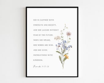 Provérbios 31:25-26, Ela está vestida de força e dignidade, Arte de parede com versículos bíblicos, Escritura para impressão, Impressão de flores silvestres
