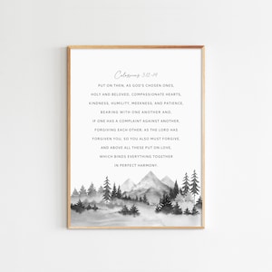 Colossians 3:12-14, Bible Verse Wall Art, Christian Home Decor, Printable Watercolor, Mountains Print, Maximum Size 18x24
