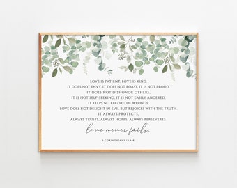 1 Korinther 13: 4-8, Liebe scheitert, Bibel-Vers-Wandkunst, druckbare Schrift, Hochzeit Aquarell grün, maximale Größe 20x30