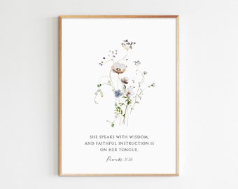 Proverbs 31:26 Floral Bible Verse Print, Mother's Day Gift (Digital Download)