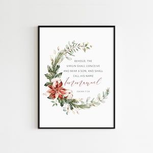 Isaías 7:14, Impresión de Navidad imprimible, Arte mural de versículos de la Biblia de Navidad, Decoración de pared navideña, Tarjetas de Navidad, Impresiones de Navidad
