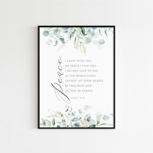John 14:27 Peace I leave with you Bible Verse Wall Art Christian Home Decor Printable Scripture Watercolor Greenery