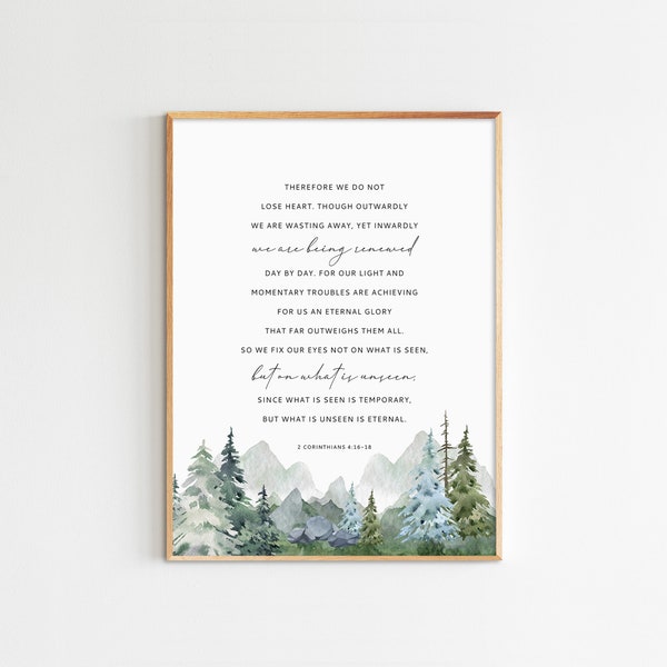 2 Corinthians 4:16-18, Bible Verse Wall Art, Christian Home Decor, Landscape Print, Watercolor Mountains, Maximum Size 20x30