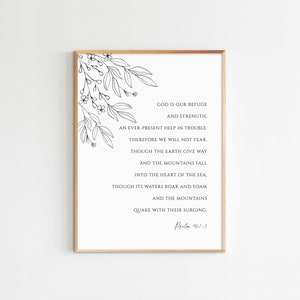 Psaume 46:1-3, Art mural en versets bibliques, Écriture imprimable, Impression minimaliste, Art mural botanique, Cadeau de baptême, Taille maximale 24X36